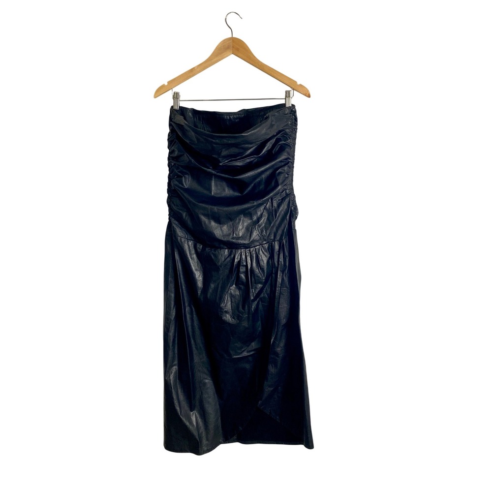 Vintage Christian Lauren Black Leather Strapless Ruched Midi Dress 80s Goth Y2K